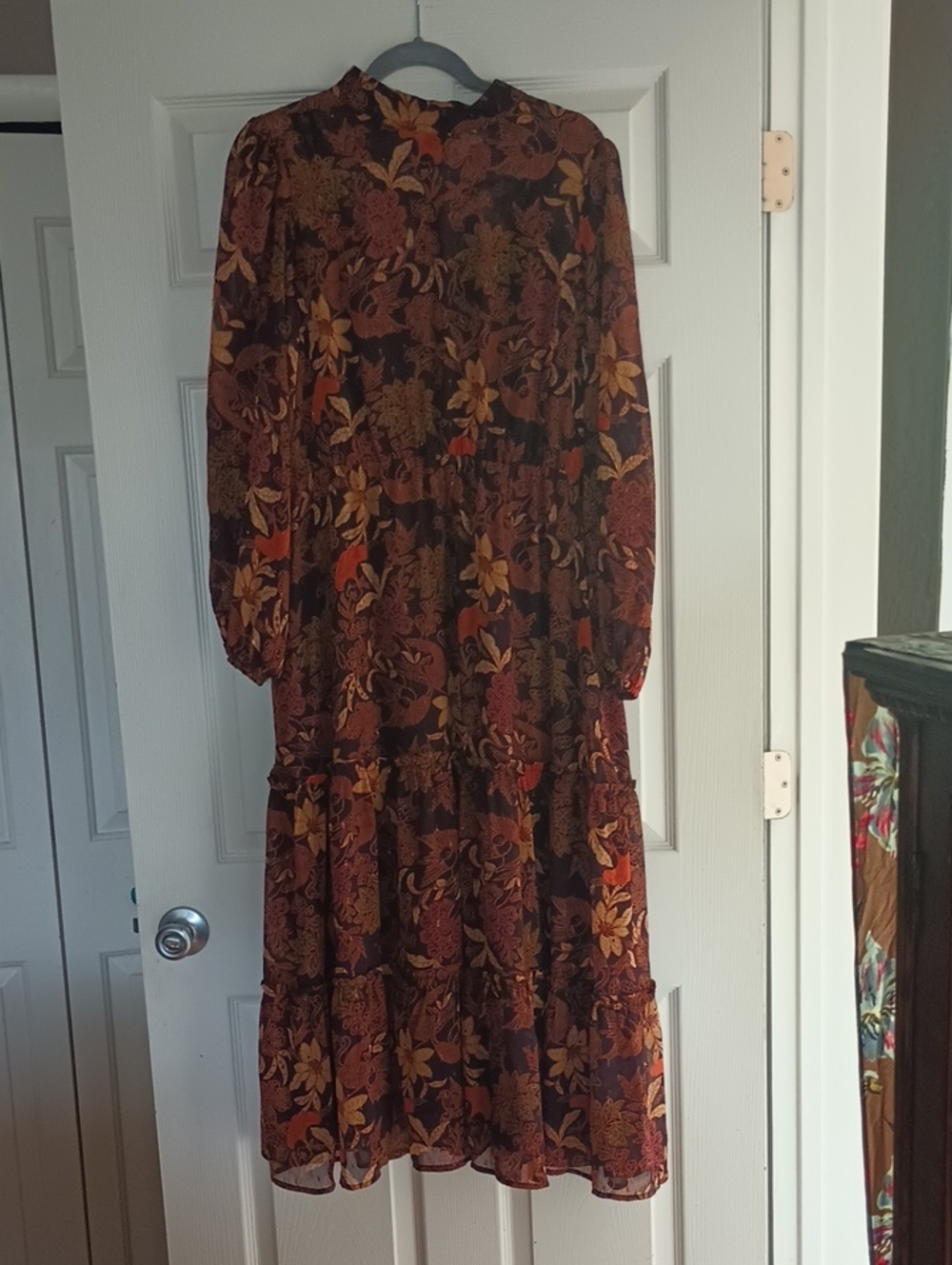 Lost + Wander Brown Floral Long Sleeve Tiered Midi Dress
